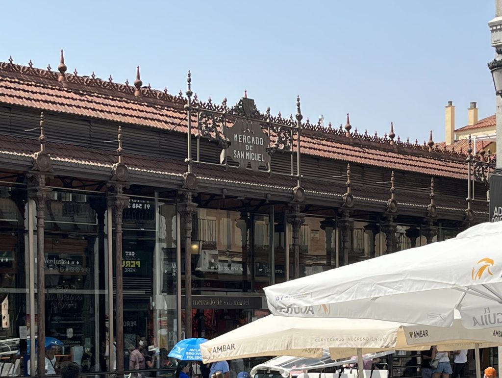 The front aspect of the Mercado San MIguel, and iron and glass structure in central Madrid