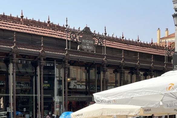 The front aspect of the Mercado San MIguel, and iron and glass structure in central Madrid